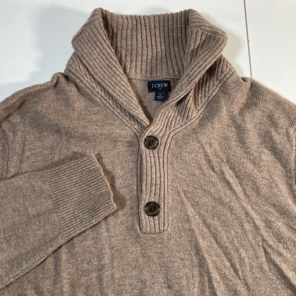 J. Crew Shawl Collar Sweater Large Lambswool Blend Beige Casual 1/4 Button Knit